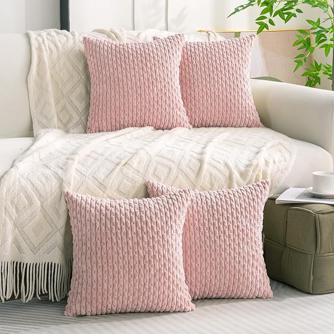 Set of 4 Light Pink Decorative Throw Pillow Covers 18x18 Inch Corduroy Pillow Covers for Bed Couch Sofa Living Room Soft Square Cushion Cases