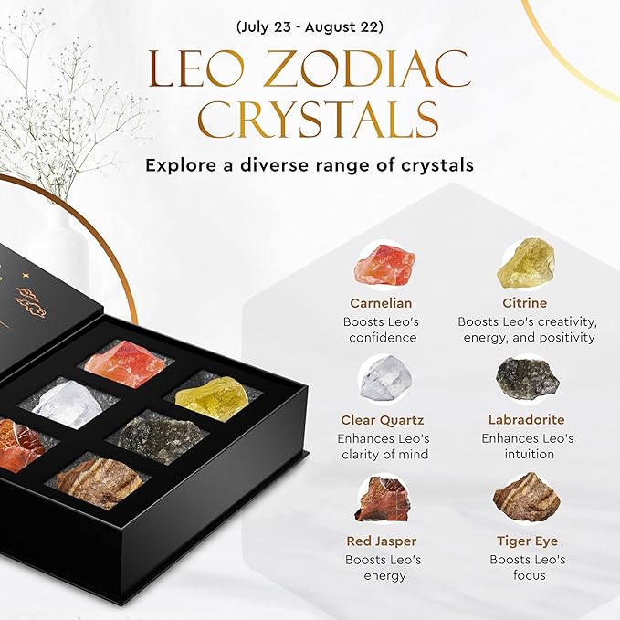 Wyspell Leo Crystal Set - 6 Raw Leo Crystals and Healing Stones - Leo Zodiac Gifts for Women - Leo Healing Gifts - Birthday Gifts for Women - Astrology Gifts for Women - Zodiac Crystal Set