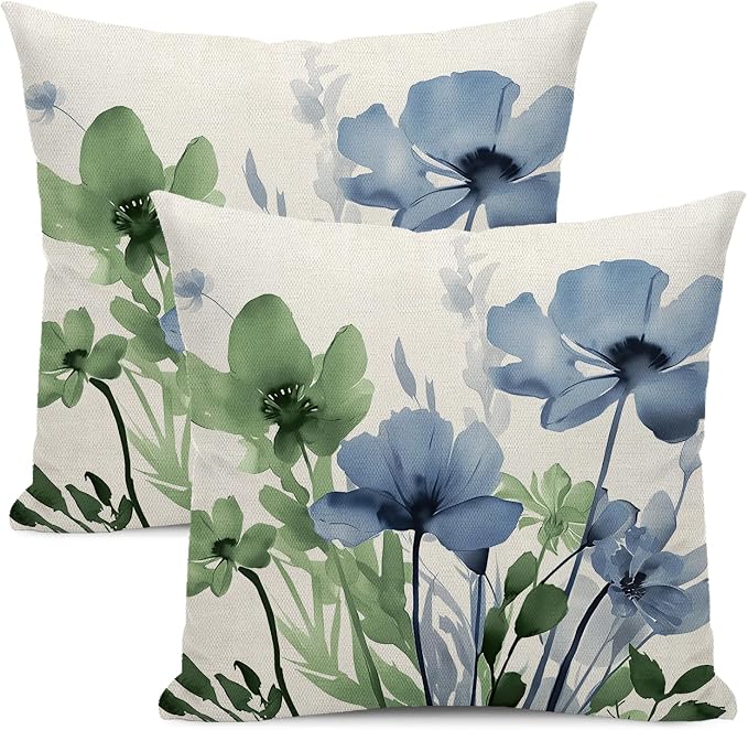 Spring Floral Pillow Covers 18x18 Inches Set of 2 Green Blue Floral Throw Pillow Covers Outdoor Rustic Summer Flower Decoration Pillowcase Farmhouse Decorative Cushion Cover For Home Couch Sofa