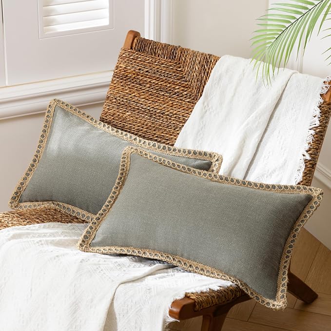 Phantoscope Pack of 2 Farmhouse Decorative Solid Throw Decorative Pillow Cover Burlap Linen Trimmed Tailored Edges Grey 12 x 20 inches, 30 x 50 cm