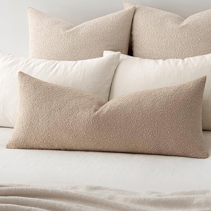 MIULEE Textured Boucle Lumbar Pillow Cover for Bed 14x36 Khaki | Pack of 1 Textured Neutral Couch Throw Pillow Cover, Accent Solid Long Body Pillowcase, Sofa Living Room Home Decor