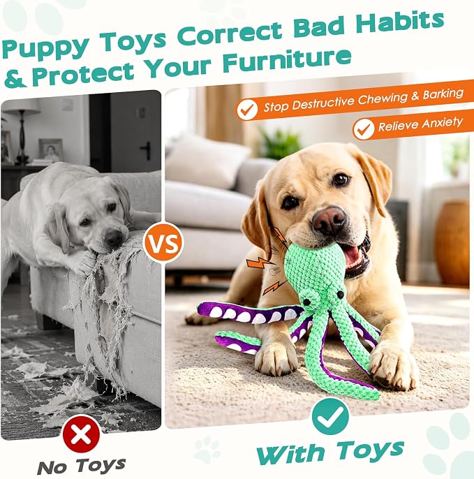 Fuufome Octopus Squeaky Dog Toys for Puppy, Small and Medium Large Breed | Tough Soft Fabric, Interactive Daily Companionship, Tug of War Doggie Toy, Training Reward, Birthday Gift