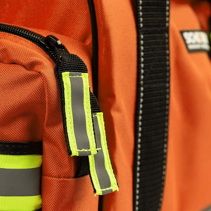 Scherber First Responder Fully-Stocked Large Professional Essentials EMT/EMS Trauma Kit | HSA/FSA Approved | Reflective Bag w/8 Zippered Pockets & Compartments & 250+ First Aid Supplies (Orange)