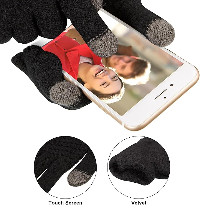 SATINIOR 5 Pcs Winter Hat Scarf Gloves Set Fleece Lined Knit Beanie Hat Warm Touch Screen Gloves Earmuff Warmer for Women(Black,Classic Style)