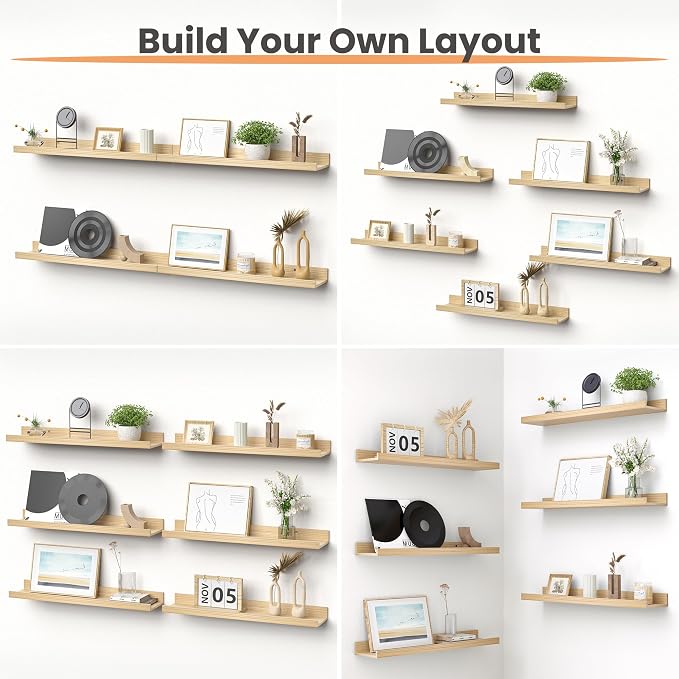 upsimples Floating Shelves for Wall Decor Storage, Natural, 6Pcs, 23.6'' | Wall Mounted Wood Shelves for Living Room, Bedroom, Bathroom, Kitchen, Office, Nursery Room, Coffee Bar Display and Organize