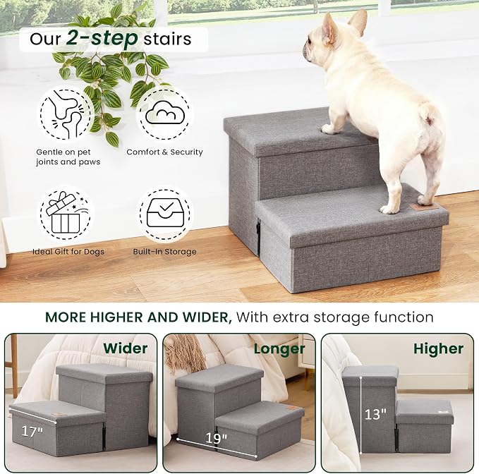 Love's cabin Dog Stairs for High Bed, Foldable Pet Stairs for Small Medium or Large Dogs Puppy with Storage for Bed or Couch, Cat Dog Steps Ramp with Zip up to 200 lbs, Solid Grey, 2 Steps