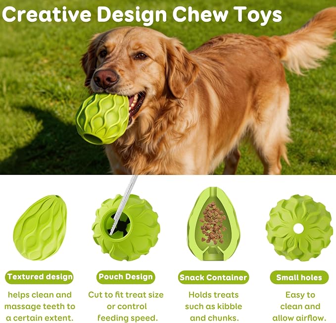 Interactive Treat Dispensing Dog Toy, Natural Rubber Chew Toy for Aggressive Chewers, Stuffable Treat Toy for Large & Medium Dogs, Mental Stimulation for Dogs, Boredom Relief, Green