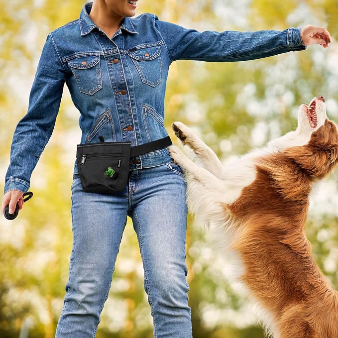 Gobeigo 2 Cup Magnetic Closure Dog Treat Pouch with Training Clicker(Black) | 2 Pair Magnetic Closures, Zipper Pocket with Poop Bag Holder, Waist Belt & Metal Clip to Wear for Pet Training/Daily Walking