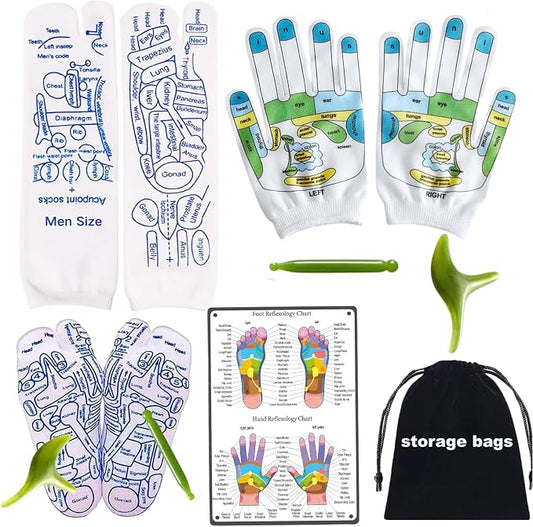 Reflexology Socks with Gloves Tools Set, Foot Massager Socks with 2pc Massage Tool, Trigger Point Massage Tool, Suitable for Men