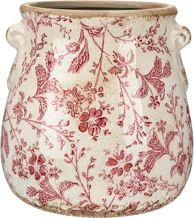 Ceramic Scroll Planter 6.5 Inch Chinoiserie Floral Vase with Drainage Holes Vintage Flower Vase Flower Pot Rustic Ceramic Pots for Indoor Plants Garden Home Bookshelf Decor(Pink Floral)