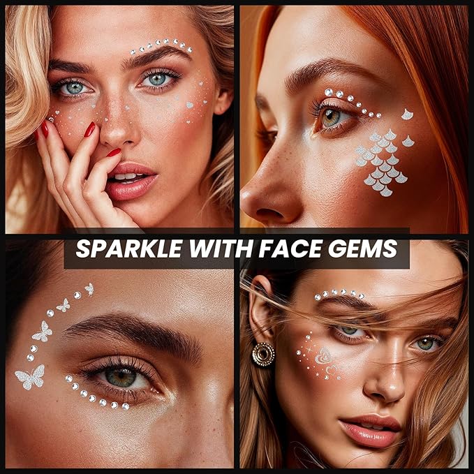 30PCS Glitter Freckles Face Tattoos & Face Gems Set, Multi-Style Silver Glitter Temporary Tattoos Makeup Patches, Fake Freckles Face Glitter for Women’s Rave Outfits & Accessories
