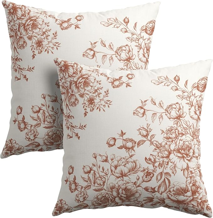 Kawani Brown White Floral Pillow Covers 20x20 Set of 2 Vintage Chinoiserie Flowers Print Decorative Square Pillow Cases Cotton Linen Cushion Cover for Bedroom Sofa Couch Home Decor