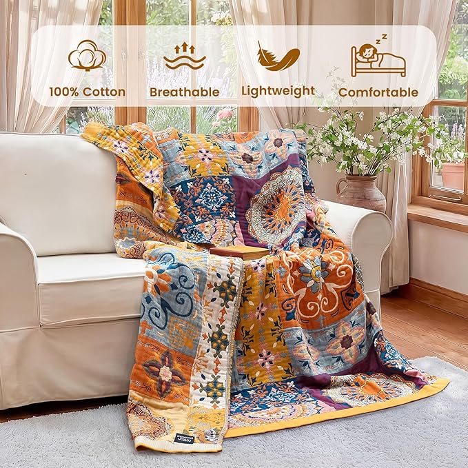 MSGKV Boho Throw Blanket 50"x60" Summer Cotton Roman Woven Throw Blanket | Roman Pattern, Muslin Throw, Reversible Woven, Lightweight Comfort, Decorative Home Accent, All Season Use, Machine Washable