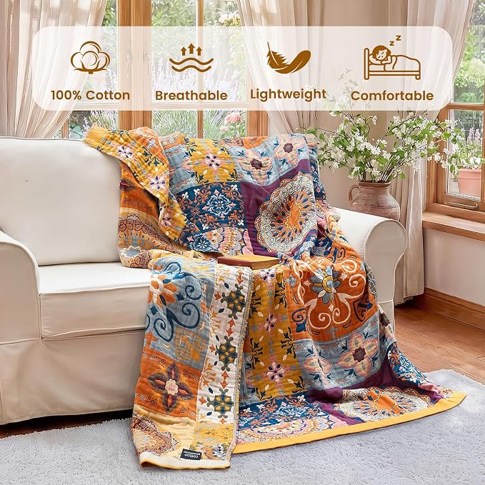 MSGKV Boho Throw Blanket 60"x80" Summer Cotton Roman Blanket for Couch | Muslin Throw, Roman Pattern, Reversible Woven, Twin Size Blanket, Lightweight Comfort, Farmhouse Decor, Machine Washable