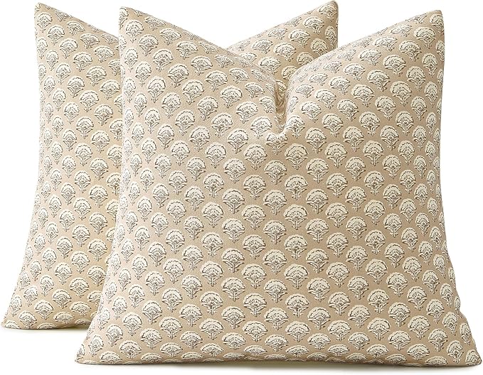 MIULEE Floral Print Decorative Pillow Covers 20x20, Cream Oatmea | Vintage Boho Farmhouse Modern Home Decor, Set of 2, Block Print Cushion Covers for Couch Sofa Bed Living Room