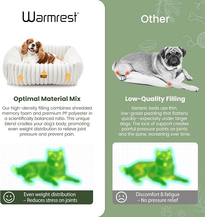 Washable Dog Bed for Small Medium Dogs, Rectangle Orthopedic Pet Bed with Removable Cover, Fluffy Memory Foam Dog Beds with Anti-Slip Bottom, Cream (25x21x7 inches)