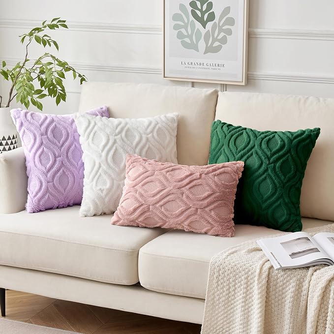 MIULEE Dark Green Soft Plush Faux Wool Lumbar Throw Pillow Covers 12x20 | Set of 2, Farmhouse Boho Home Decor, Decorative Cushion Covers for Sofa, Living Room, Bed