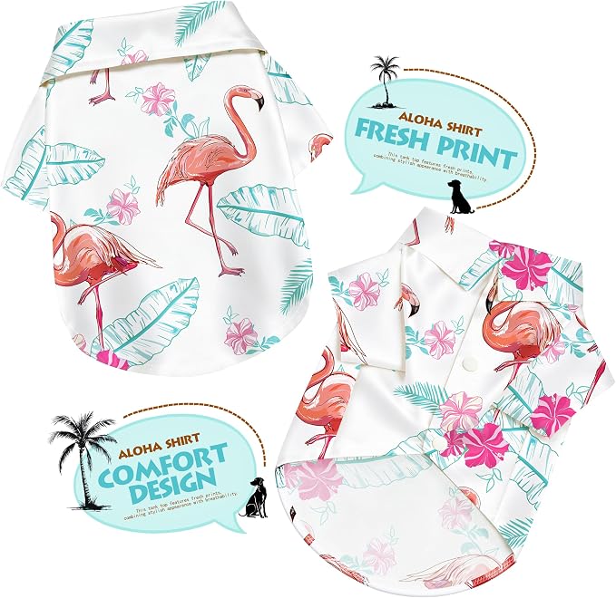 Flamingo Hawaii Style Pet Dog T-Shirt, Four-Way Stretch Breathable Light Cool Summer Shirts, Casual Beach Seaside Daily Clothes for Small Size Puppy.White XL