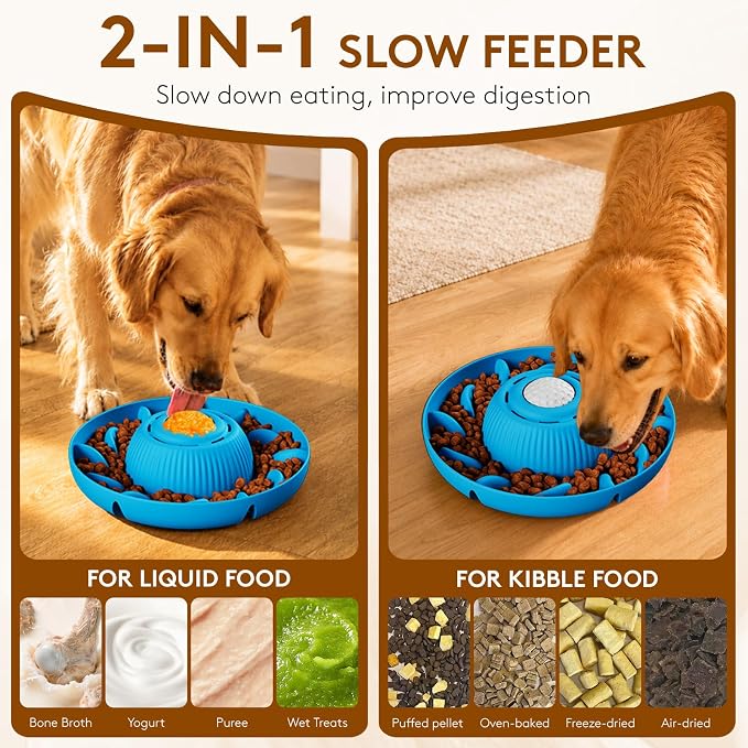 Slow Feeder Dog Bowls 2 in 1 Liquid Treat Dog Lick Bowl and Dog Bowls – 5‑Cup Large Capacity, Liquid and Solid Food Treat Dispenser for Slowing Down Eating for Large Medium Small Dogs and Cats (Blue)