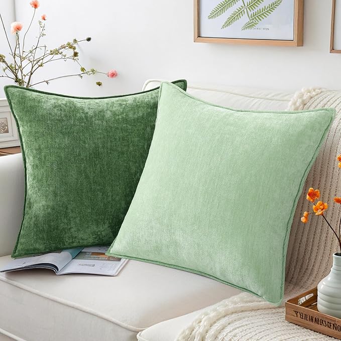 decorUhome Chenille Sage Green Velvet Throw Pillow Covers 24x24 Set of 2 | Fall Soft Euro Sham Couch Decorative Modern Farmhouse Pillow Cases with Elegant Design for Sofa Bed Living Room Home Decor