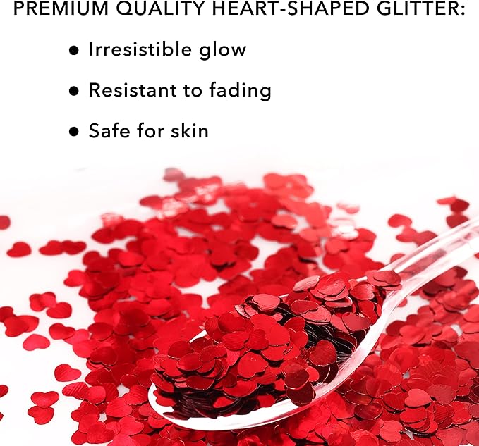Nail Glitter - Red Hearts Chunky Glitter in Jar - 3,5 Oz Glitter for Crafts - Glitter for Slime - Face Glitter - Candle Glitter - Body Glitter