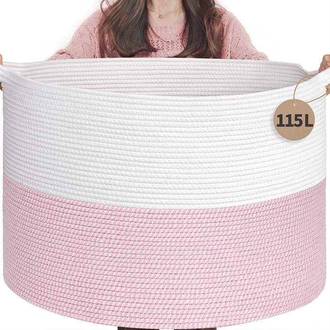 INDRESSME 115L Extra Large Pink Laundry Basket for Stuffed Animal Storage | 23.6" x 15.7" Pink room decor woven rope basket for baby luandry, kids toys pillows. For girls room & nursery, soft-touch