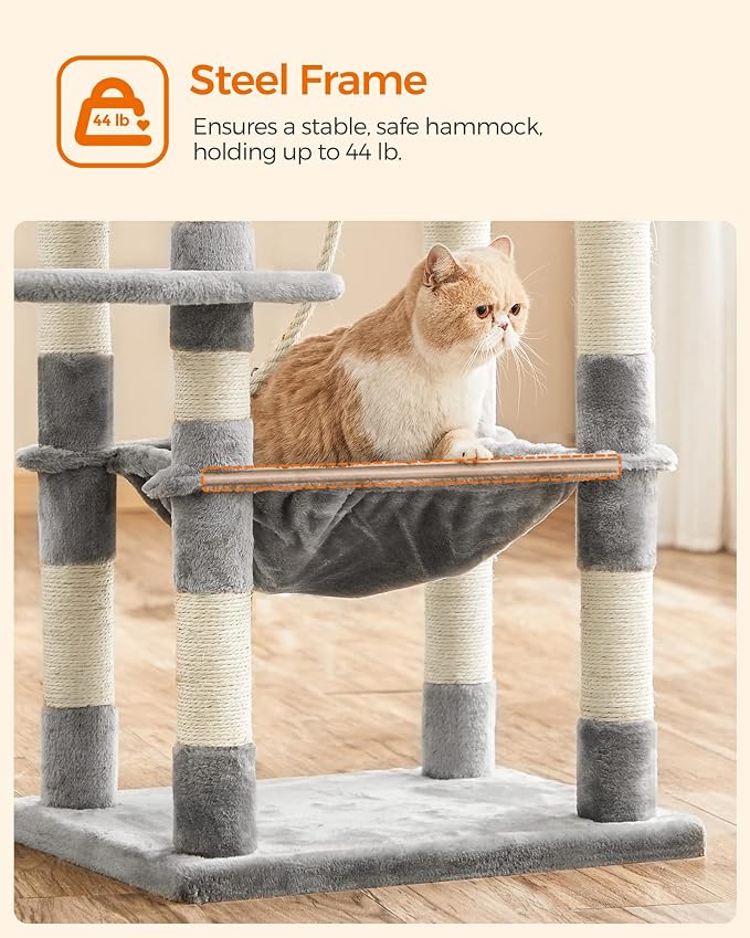 Feandrea Cat Tree, 55.8-Inch Cat Tower, Multi-Level Plush Condo with 11 Scratching Posts, 2 Perches, Hammock, Cave, Light Gray UPCT15W