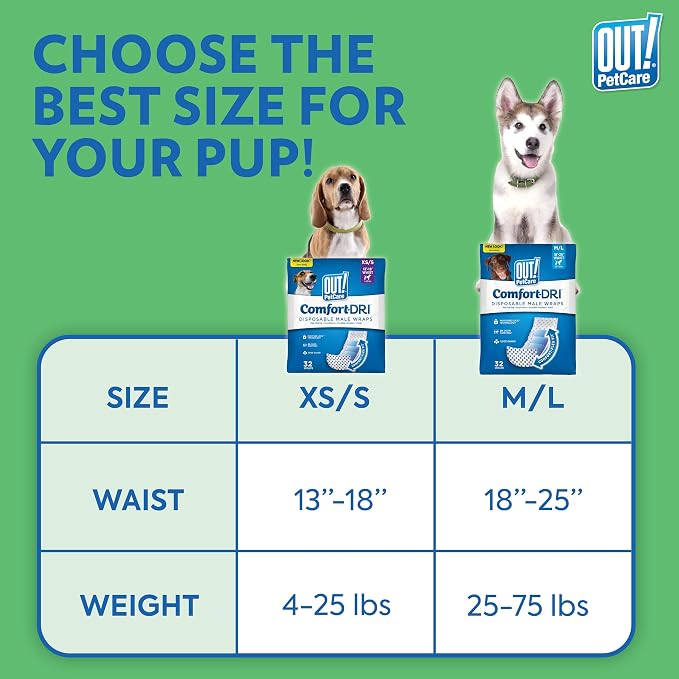 OUT! PetCare Male Dog Diapers, Disposable Belly Bands, XS/S, 96 Count | Dog Belly Bands, Potty Training, Incontinence Support, Leak Proof, Disposable Wraps, Male Wrap, Puppy Essentials, Dog Wrap