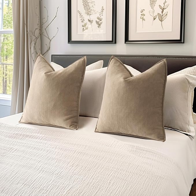 MIULEE Pack of 2 Khaki Euro Shams Chenille Pillow Covers 24x24 Inch | Decorative Soft Couch Throw Pillows,Farmhouse Cushion Covers,Elegant Design for Sofa,Bed,Living Room,Summer Decor