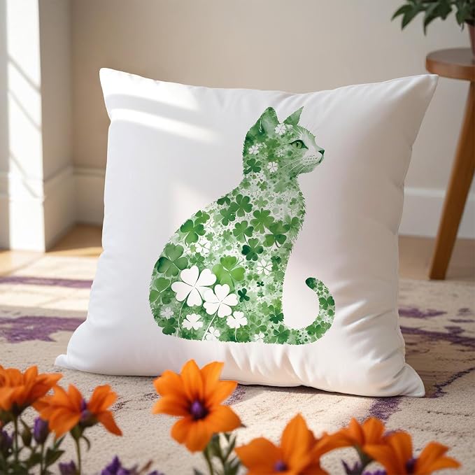 St Patrick's Day Cat Pillow Covers, 18x18, Four Leaf Clover, Lucky Shamrock, St Patrick's Day Decorations for Sofa, Bed, Living Room
