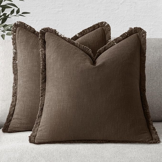 MIULEE Linen Fringe Decorative Fall Pillow Covers Chocolate Brown 18x18 | Set of 2, Cottagecore Decor, Boho Farmhouse Neutral Pillow Covers, Rustic Fall Couch Cushion Cases for Sofa Bed Living Room