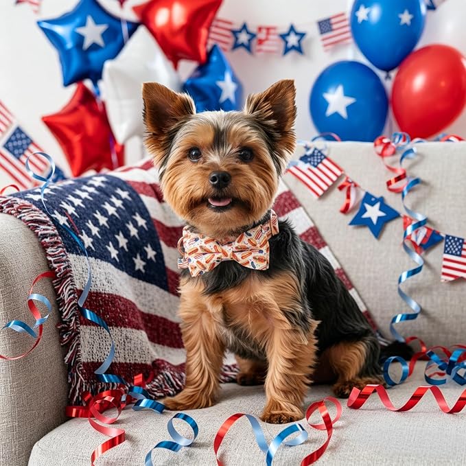 ADOGGYGO 4th of July Dog Collar with Bow Tie, Detachable Patriotic Hot Dog Print Bowtie, Adjustable American Flag Collar for Small Dogs (S)