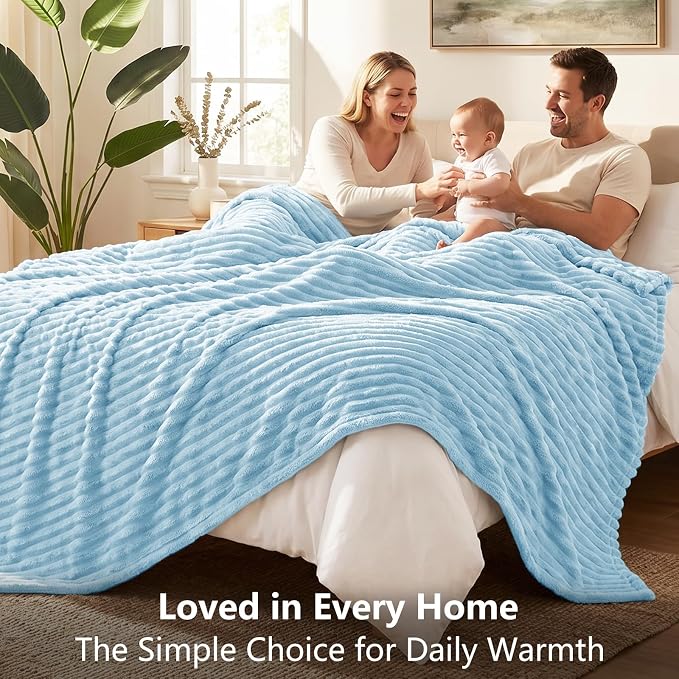 Light Blue Twin Blanket for Bed & Couch, 60 x 80 Inch | 300GSM Ribbed Fleece Blanket, Soft, Cozy & Lightweight, OEKO-TEX Certified, All-Season Use for Travel, Dorm & Home Decor