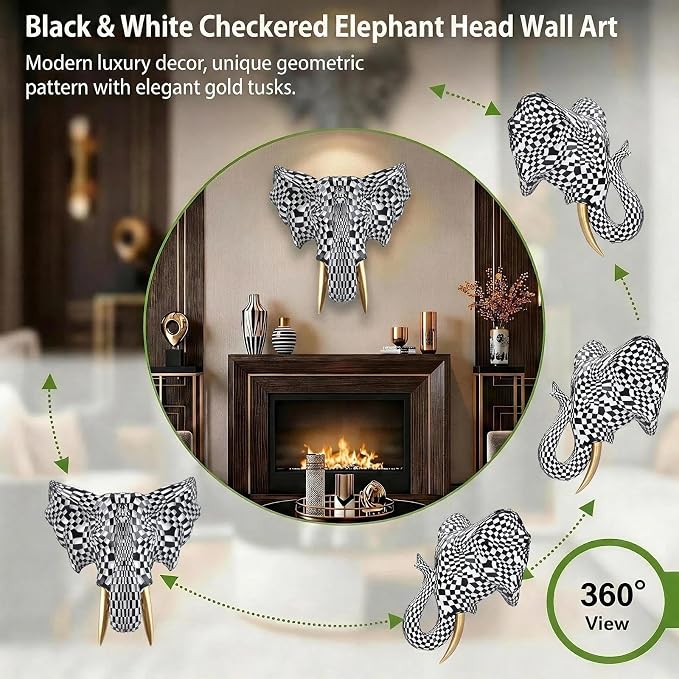 GIGICICI 9x7.8-Inch Vintage Mosaic Elephant Head Wall Sculpture Art Mount Statue for Room Bedroom Office Living Decor(Black White)