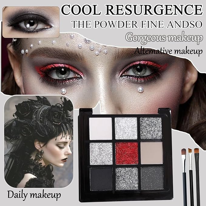 Black Grey Smoky Eyeshadow Palette,15 Colors Matte Shimmer Pigmented Eye Shadow Makeup Palette Set with 3 Eyeshadow Brushes,Glitter Eye Shadow Palette for Daily Halloween Goth Makeup(C)