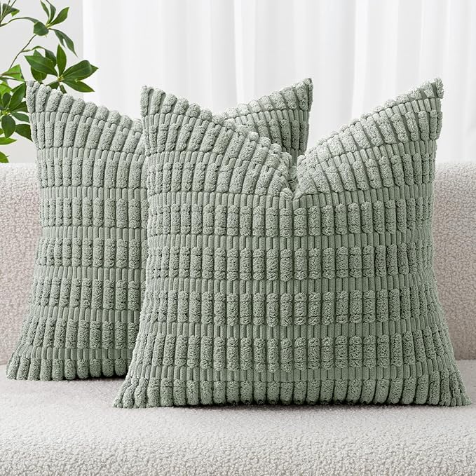 MIULEE Corduroy Decorative Throw Pillow Covers 18x18 Grey Green Pack of 2 | Soft Boho Striped Pillow Covers Modern Farmhouse Home Decor For Sofa Living Room Couch Bed