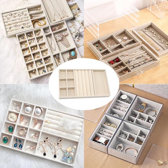 Velvet Jewelry Organizer Tray, Beige 3-in-1 | Stackable Jewelry Storage Display Tray with Removable Dividers for Drawer Dresser Cloest Organizer