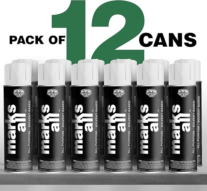 Fox Valley 18oz Marks All Solvent-Based Marking Paint Spray, 12-Pack White – Long-Lasting, Weather-Resistant Spray Paint for Wet or Dry Surfaces Like Metal, Grass, Concrete, Wood, & More