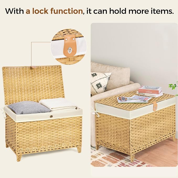Wicker Storage Basket with Lid, 200L Storage Bin with Removable Liner Bag | Rattan-Inspired Shelf Basket Design, Storage Trunk with Heightened Feet, Wardrobe Storage Container & Home Organizer