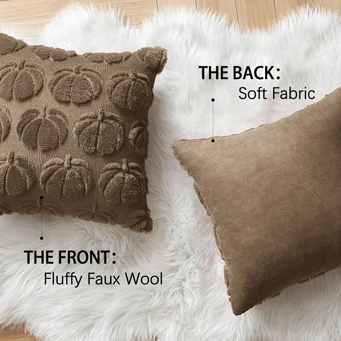 MIULEE Fall Pillow Covers Pumpkin Fall Decor 18x18 Coco Brown | Set of 2 Fall Decorations for Home, Plush Faux Fur Farmhouse Accent Pillowcases, Porch Sofa Couch Cushion Bed Livingroom