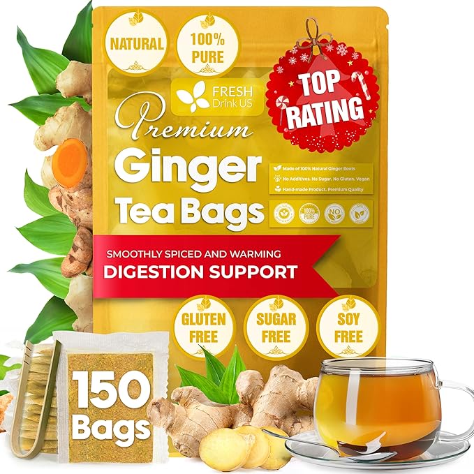 FreshDrinkUS, 150 Premium Ginger Tea Bags, Non GMO, 100% Natural & Pure from Ginger Root, Root Herbal Tea. No Sugar, No Caffeine, No Gluten, Vegan. Support Stronger Digestion, Pleasantly Spicy & Warming