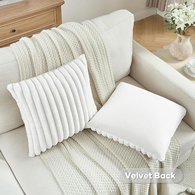 FUTEI Pack of 2 Faux Fur Throw Pillow Covers 26x26 Inch, White | Fluffy Faux Rabbit Fur Front/Premium Velvet Back,Hidden Zipper,Machine Washable,Non-Shedding,Colorfast,Insert Not Included.