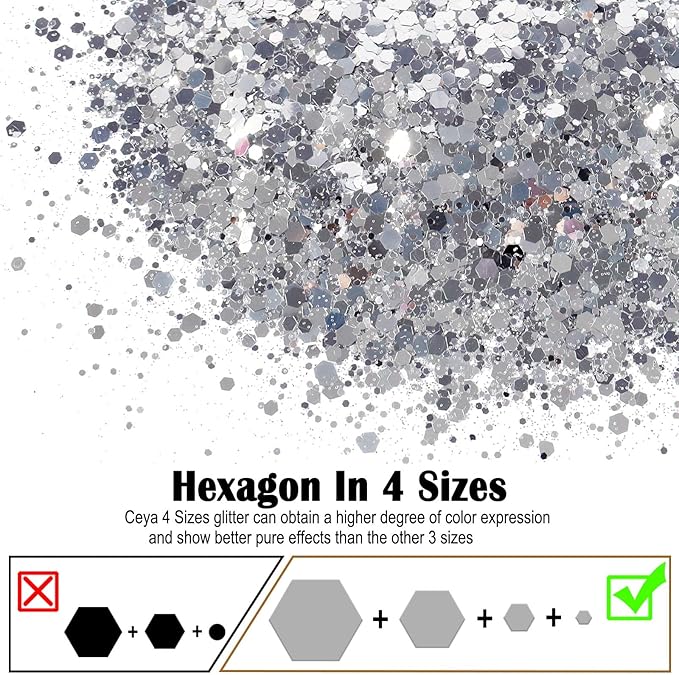 Ceya Chunky Glitter, 4.9oz/ 140g Bright Silver Craft Glitter Powder Mixed Fine Flakes Iridescent Nail Sequins for Nail Art, Hair, Epoxy Resin, Tumblers, Slime, Painting, Festival Decor