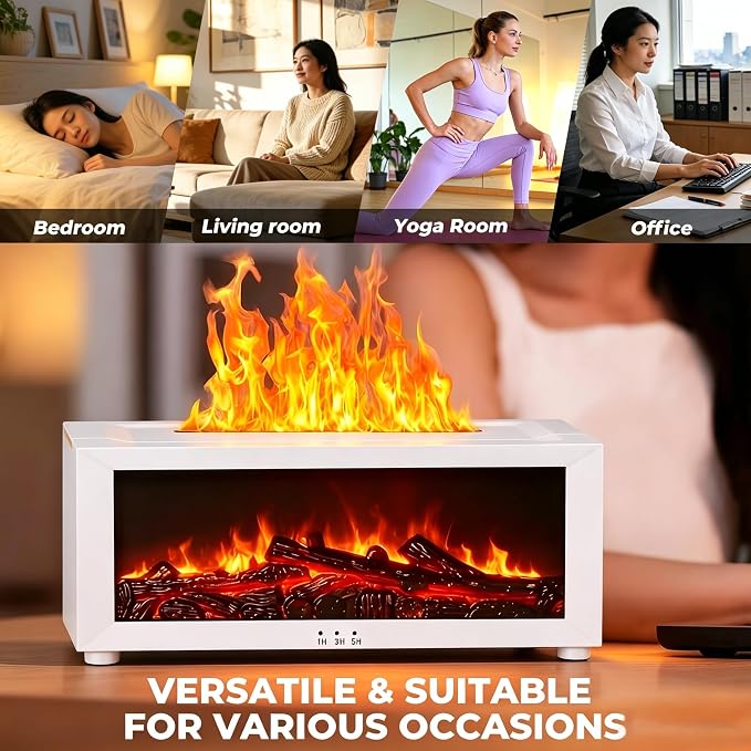 Fireplace Flame Essential Oil Diffuser, 7-Color LED Ultrasonic Aromatherapy Humidifier, 150ml, Cool Mist, with Remote Control and Timer, for Home Bedroom Office Yoga (White)