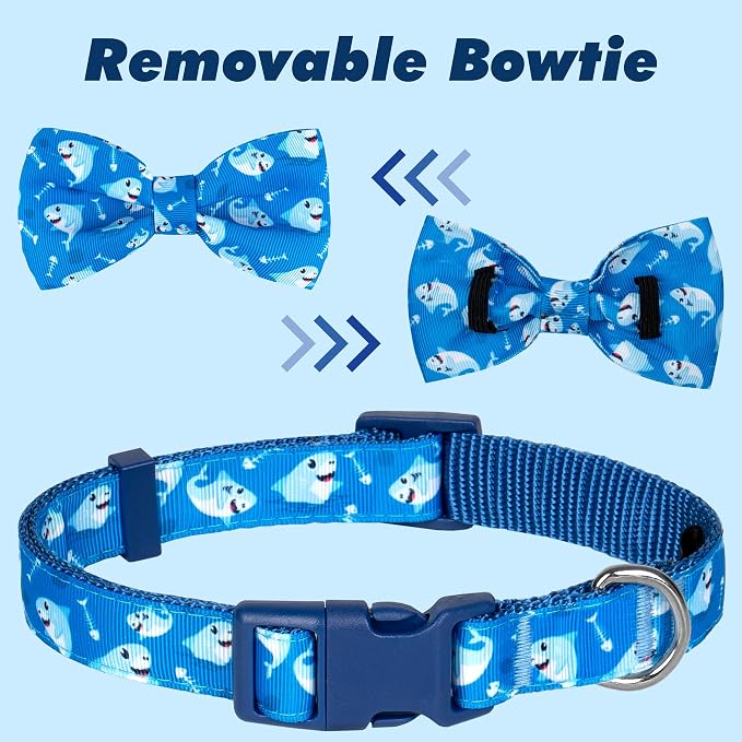 azuza Dog Collar with Bow Tie, Soft and Comfortable Adjustable Bowtie Dog Collar for Medium Dogs (M, Shark)