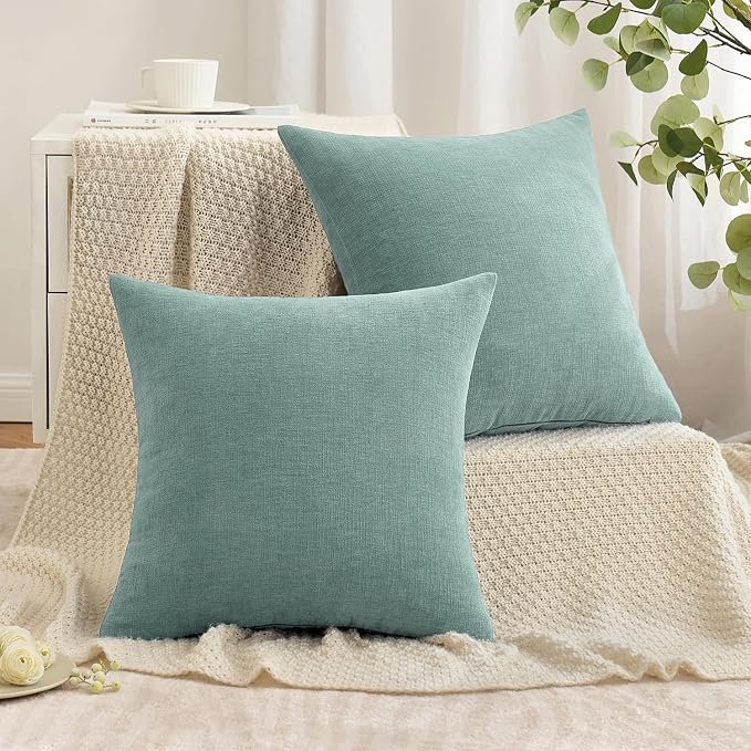 MIULEE Aqua Green Chenille Couch Throw Pillow Covers, 20x20 | Set of 2, Soft Modern Farmhouse Style, Decorative Pillowcases for Sofa Living Room Bed, Home Decor