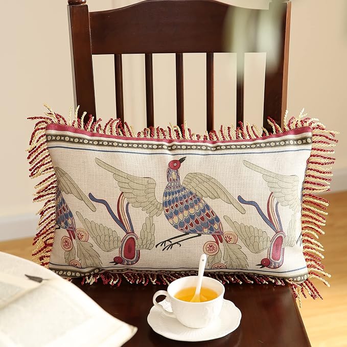 patdrea Designer Vintage Linen Throw Pillow Cover,12"x20"-Schumacher D | Elegant Decorative Pillow Case,Bird Pattern with Fringe Trim,Cushion Coverfor Couch Living Room Bedroom Sofa