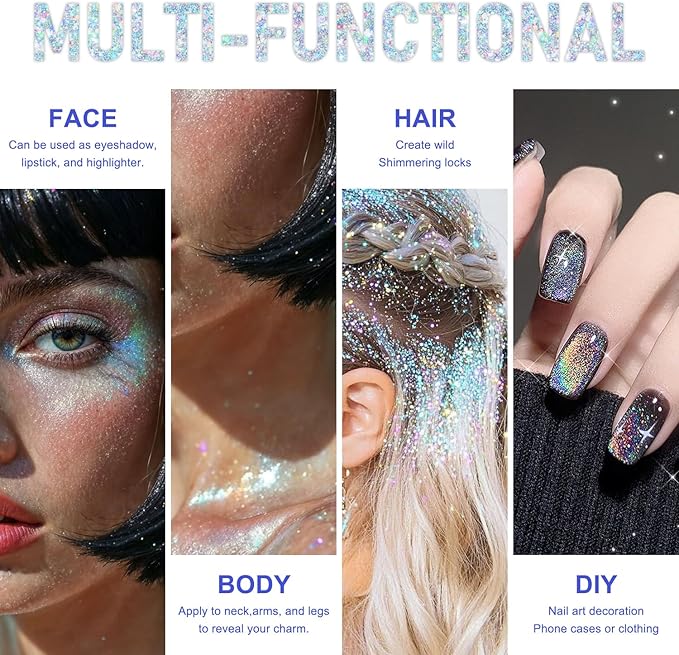 Roll-on Holographic Body Glitter Gel for Face and Hair, Chameleon Color Changing Glitter Gel Under Light, Chunky Mermaid Sequins Festival Party Rave Accessories Body Shimmer Makeup (Glint-Rainbow)