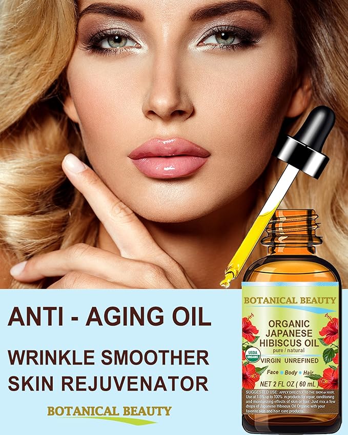 Botanical Beauty Organic HIBISCUS OIL (Hibiscus Sabdariffa) JAPANESE 100 Pure Natural VIRGIN UNREFINED COLD PRESSED Anti Aging, Vitamin E Oil for FACE, SKIN, HAIR GROWTH (1 Fl Oz)