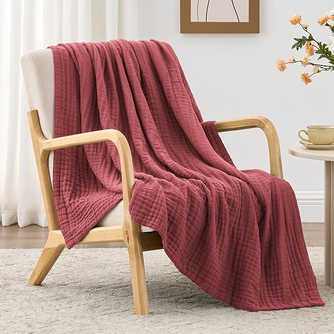 Love's cabin 100% Cotton Muslin Blanket, 6 Layer Lightweight Breathable Gauze Twin Size Blanket 60 x 80 Inches, Soft Summer Blanket for Bed or Couch, Wine Red